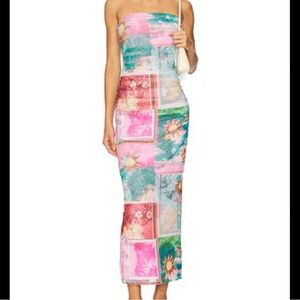 NWT AFRM Marlo tropical postcard print Strapless bodycon maxi dress size M/L